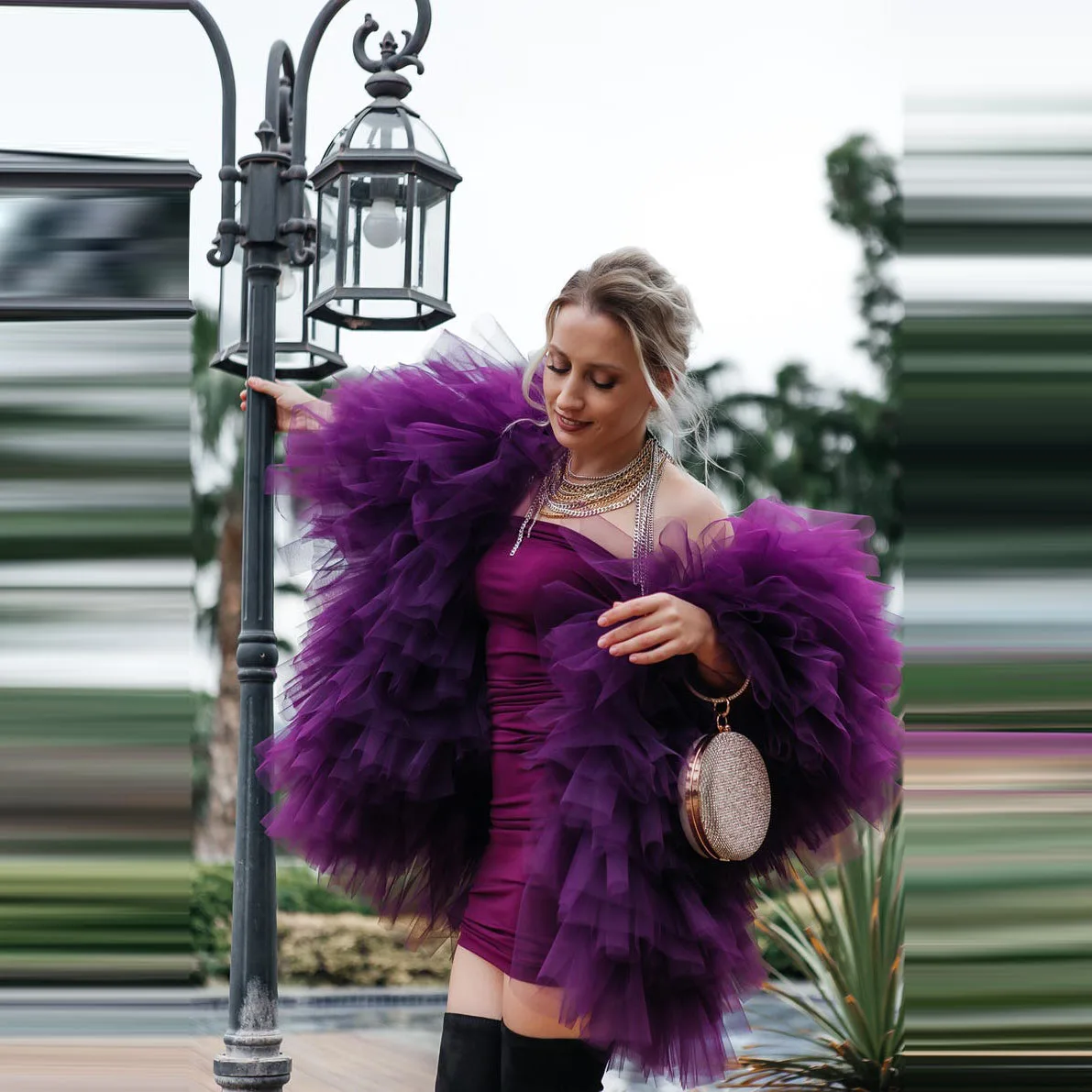 Blusa roxa de tule com babados, mangas em camadas e enfeites de lantejoulas, feita de tecido de poliéster de alta qualidade, festa perfeita