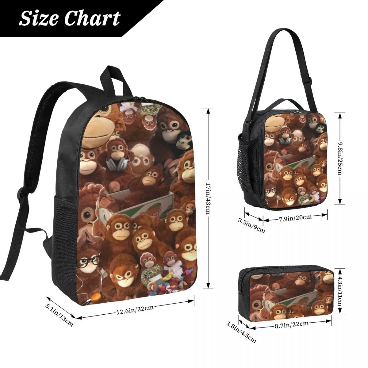 3Pcs Monkey Punch Baby Monkey Holding Toy merch Backpack Set for Girls Boys Pencil Boxes Bookbag Sets with Lunch Box