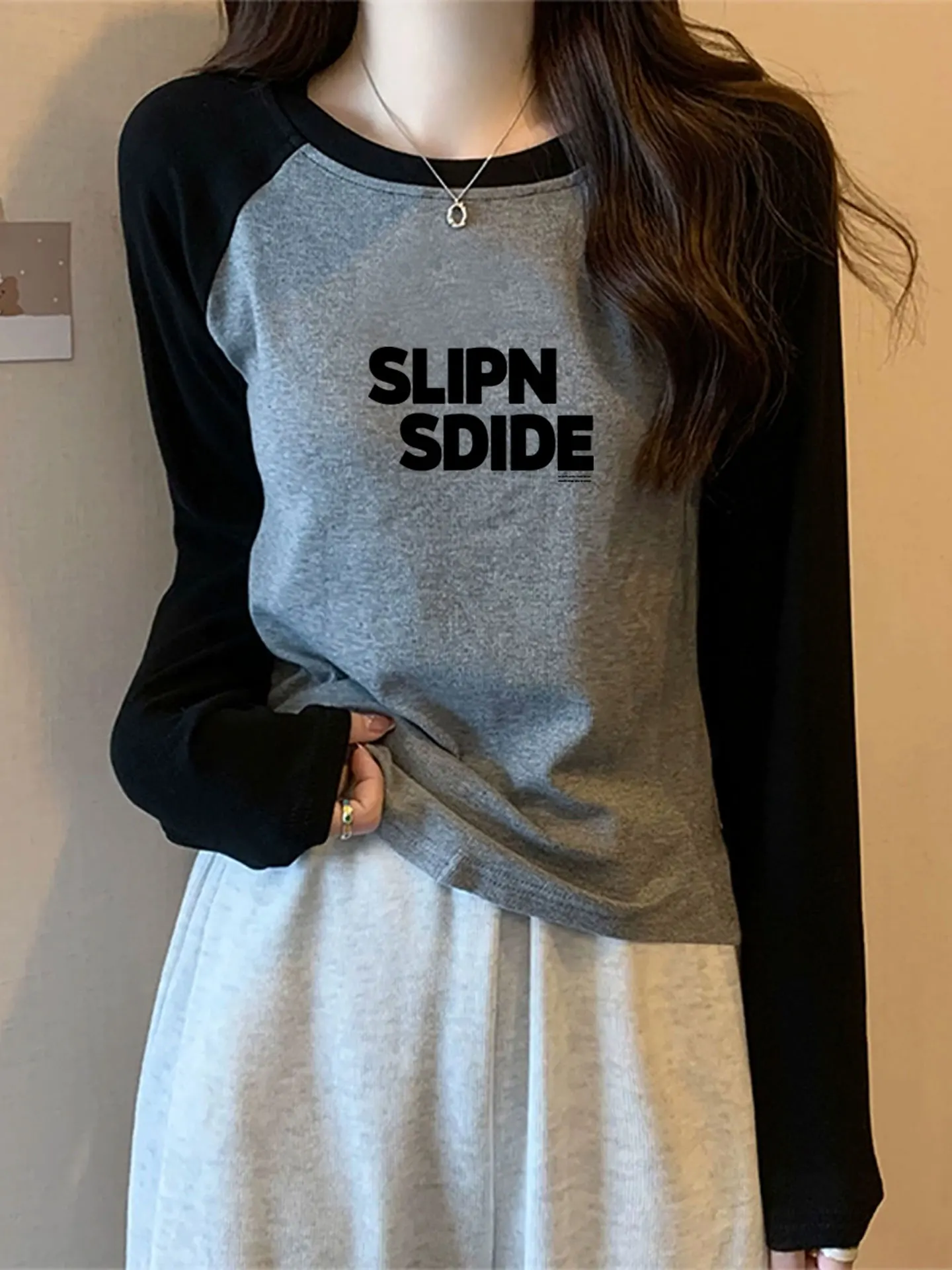 Korean Style Women's Long Sleeve T-Shirt Inner Wear Base Shirt Color Block Shoulder Insertion Fashionable Autumn Winter Top