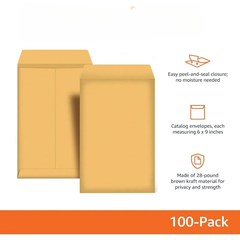 Catalog Mailing Envelopes, Peel and Seal, 6x9 Inch, Brown Kraft, 100-Pack