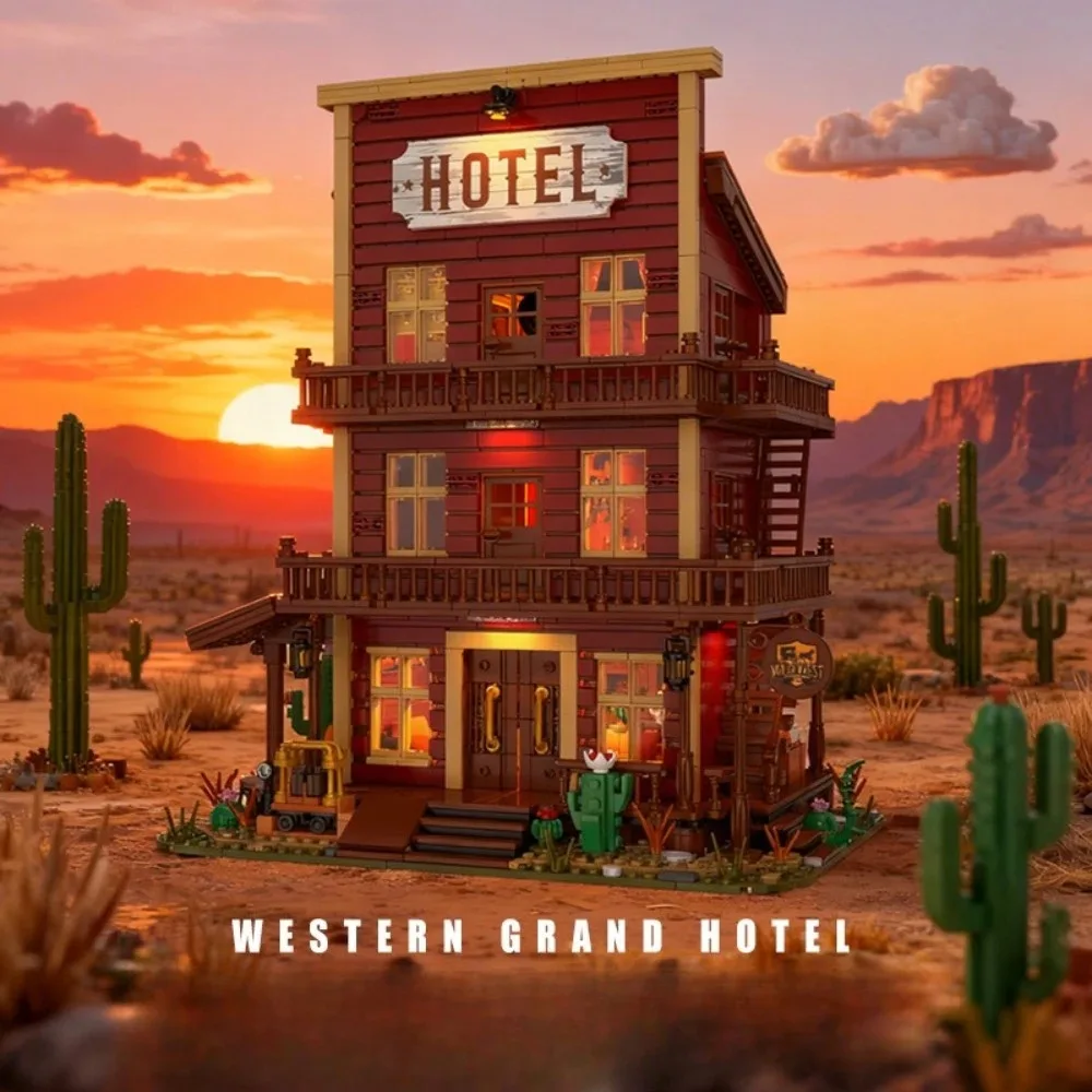 2146PCS Western Grand Hotel Building Blocks Set Street View Wild Western Cowboyed Tvern Bar House Modular Model Toys Kids Gift