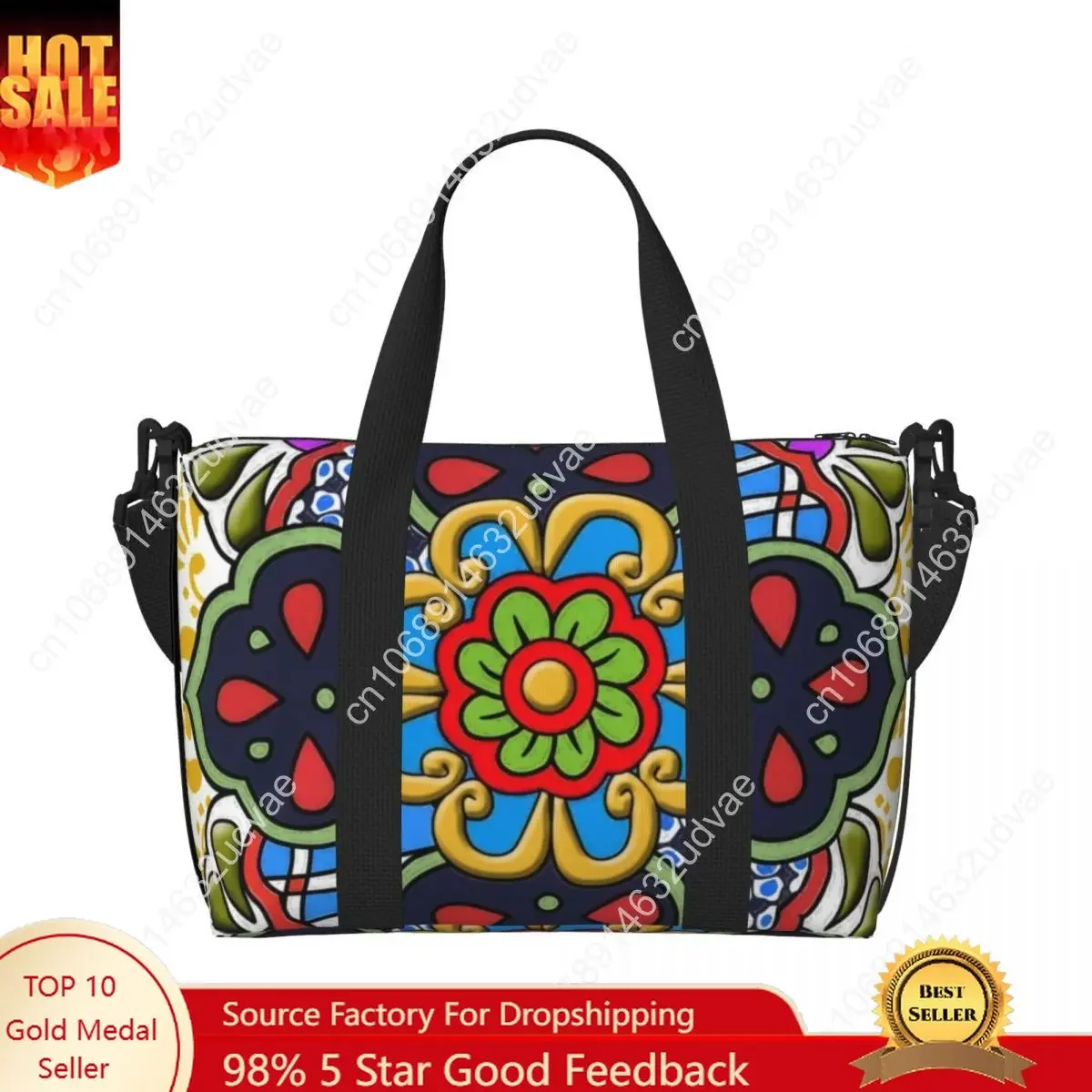 Custom Mexican Talavera Flower Beach Tote Bag Women Extra Large Gym Carry On Folk Ceramic Tile Art Travel Shopping Bags