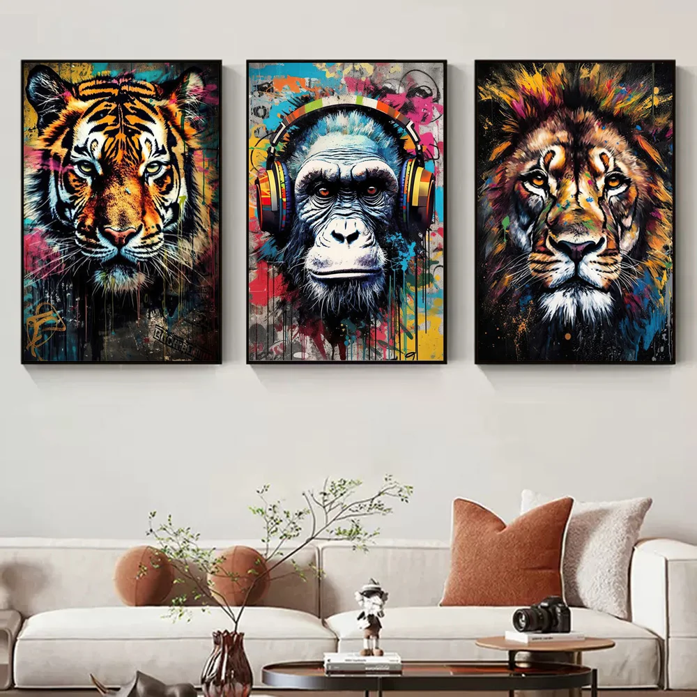 

Abstract Watercolor Monkey Lion Tiger Graffiti Giclee Prints Panda Rabbit Canvas Art Posters Animal Wall Painting Decoration