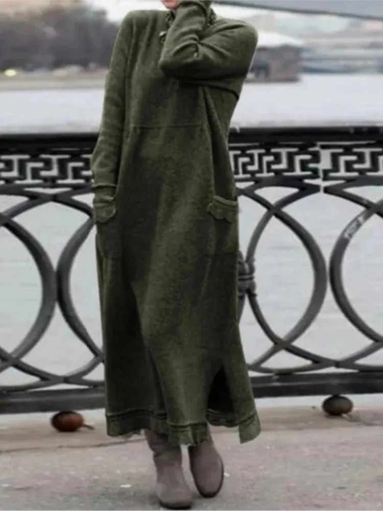 New Autumn Women\'s Solid Color Loose Large Knitted Lace Long Dress With Velvet Hoodie Pocket For Casual Comfort