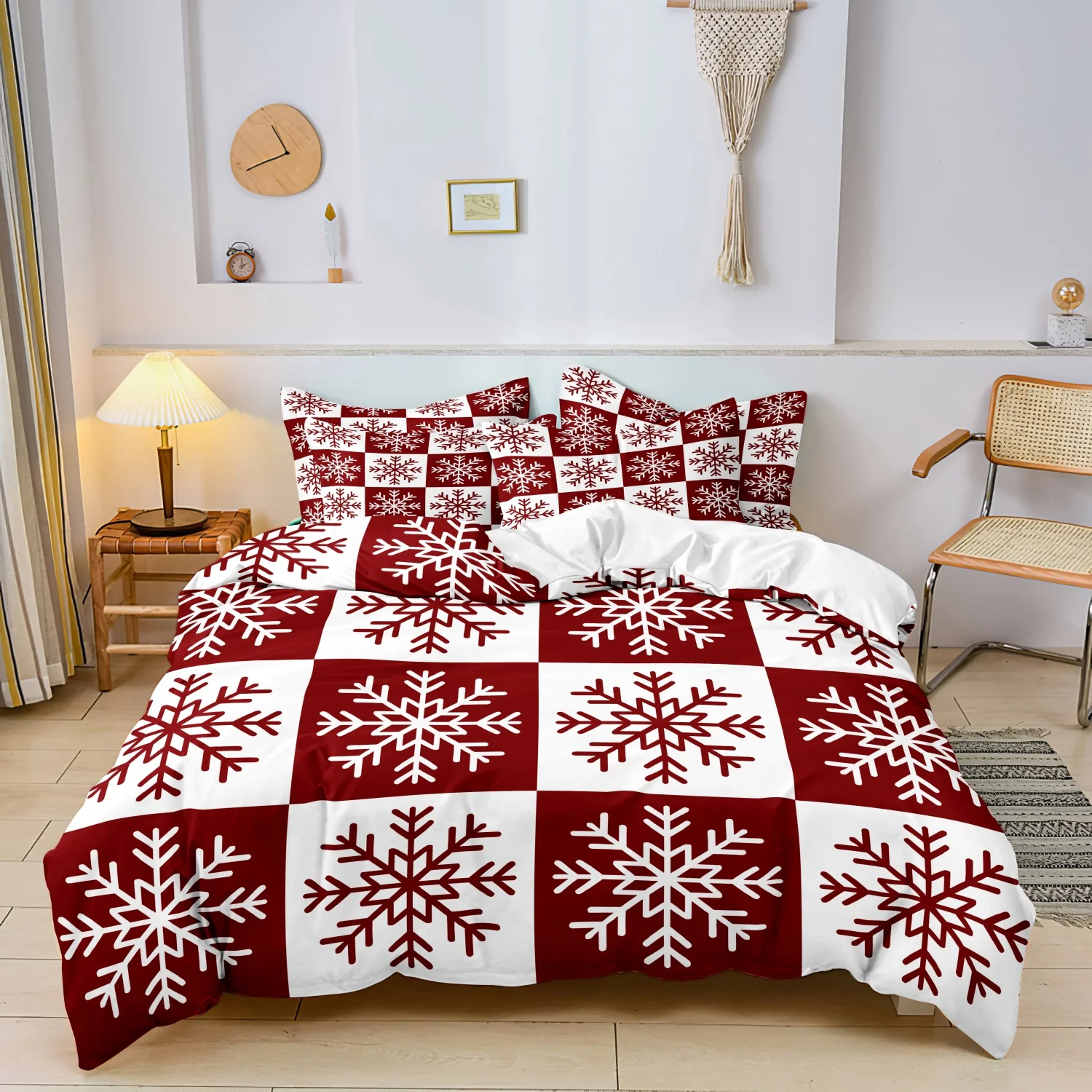 3pcs Red White Checkered Snowflake Christmas Duvet Cover Set, Buffalo Geometry Grid Snowflake Pattern Bedding,Bedroom Decoration