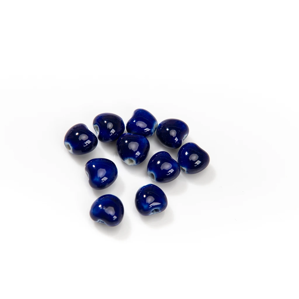 Handcrafted Ceramic Heart Beads Set 10 Pieces 12mm Blue and Gold Porcelain Beads for DIY Jewelry Making