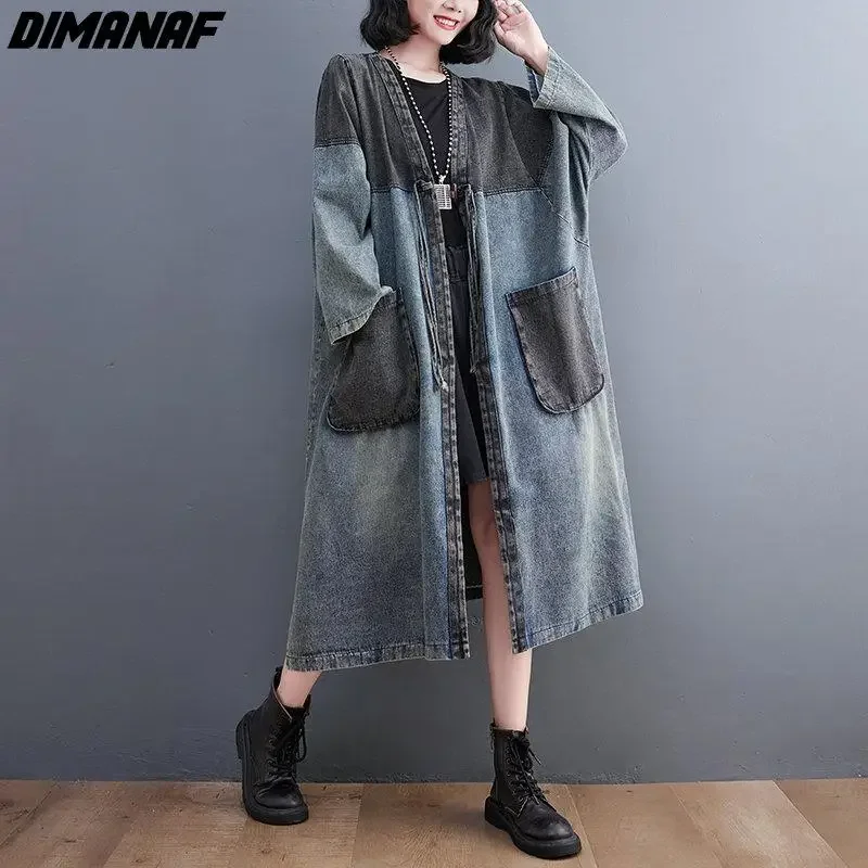 

Dimanaf 2024 New Women Jacket Denim Coat Cotton Loose Outwear Autumn Winter Blue Long Vintage Cardigan