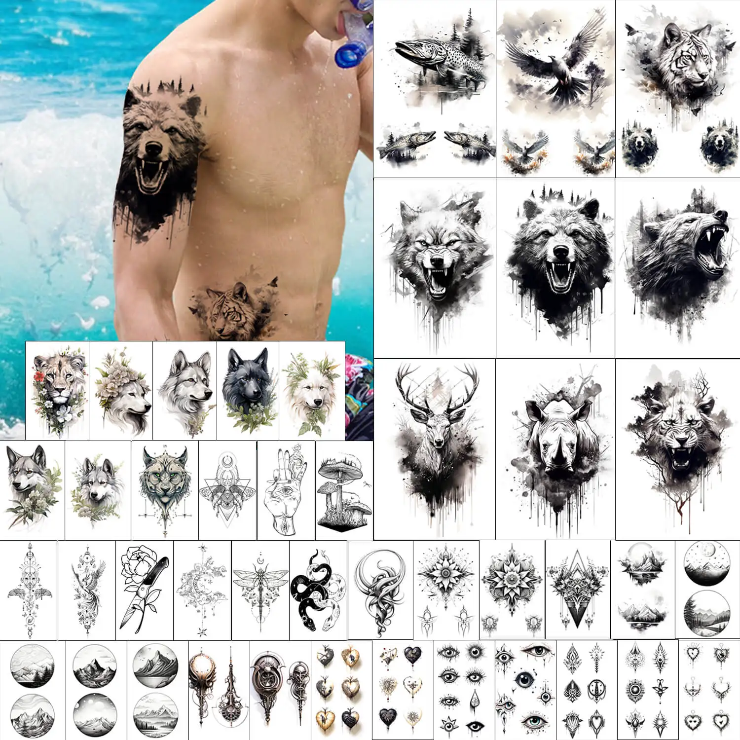 

GLARYYEARS Temporary Tattoo for Men, 44-Pack Large+Small size Realistic Tattoos, Bear Lion Wolf Tiger Rhino Deer Evil Eyes