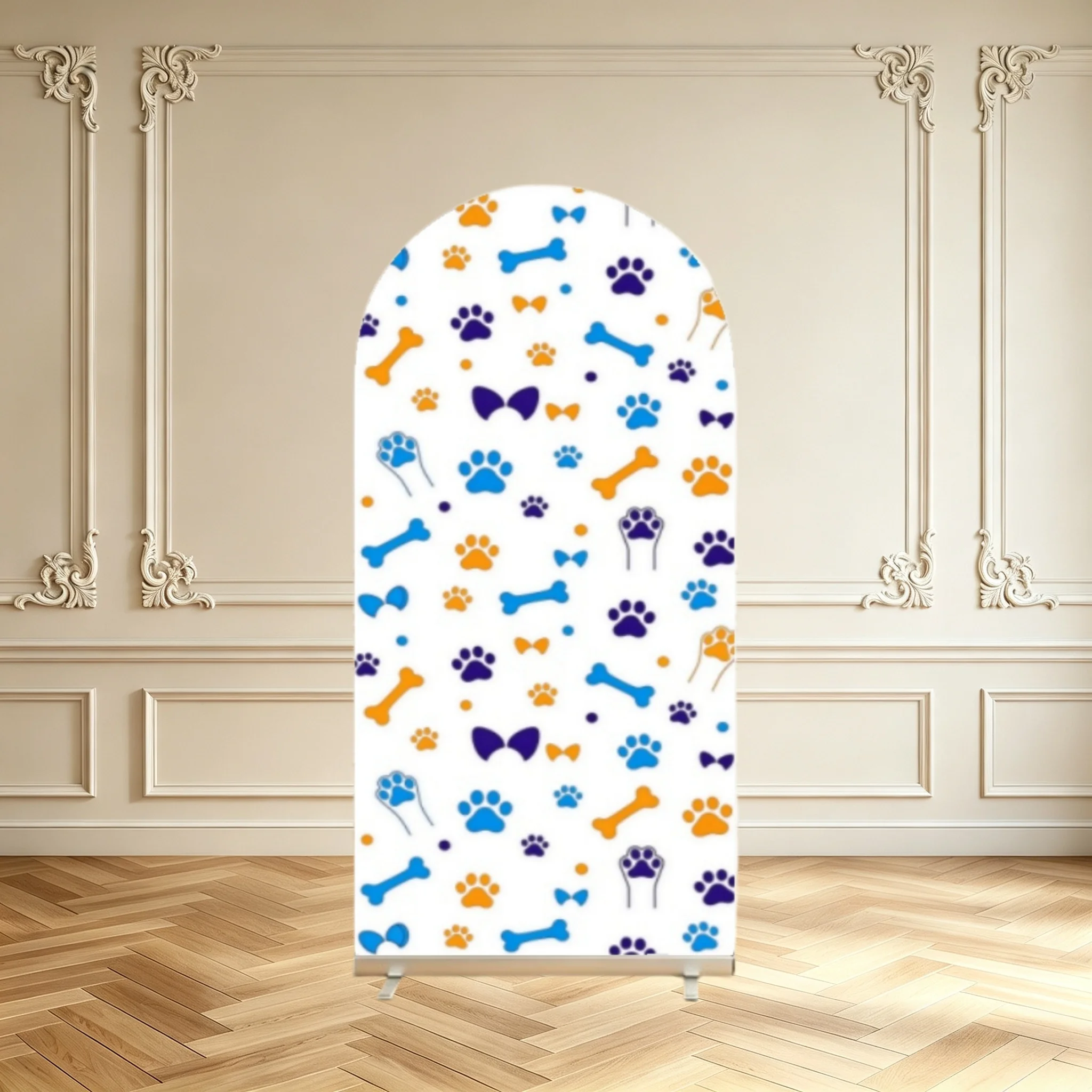Puppy Dog Paw Print Arch Backdrop Cover Dog Bone Bow Pattern Kids Birthday Party Decoration Double Sided Arch Cover Background