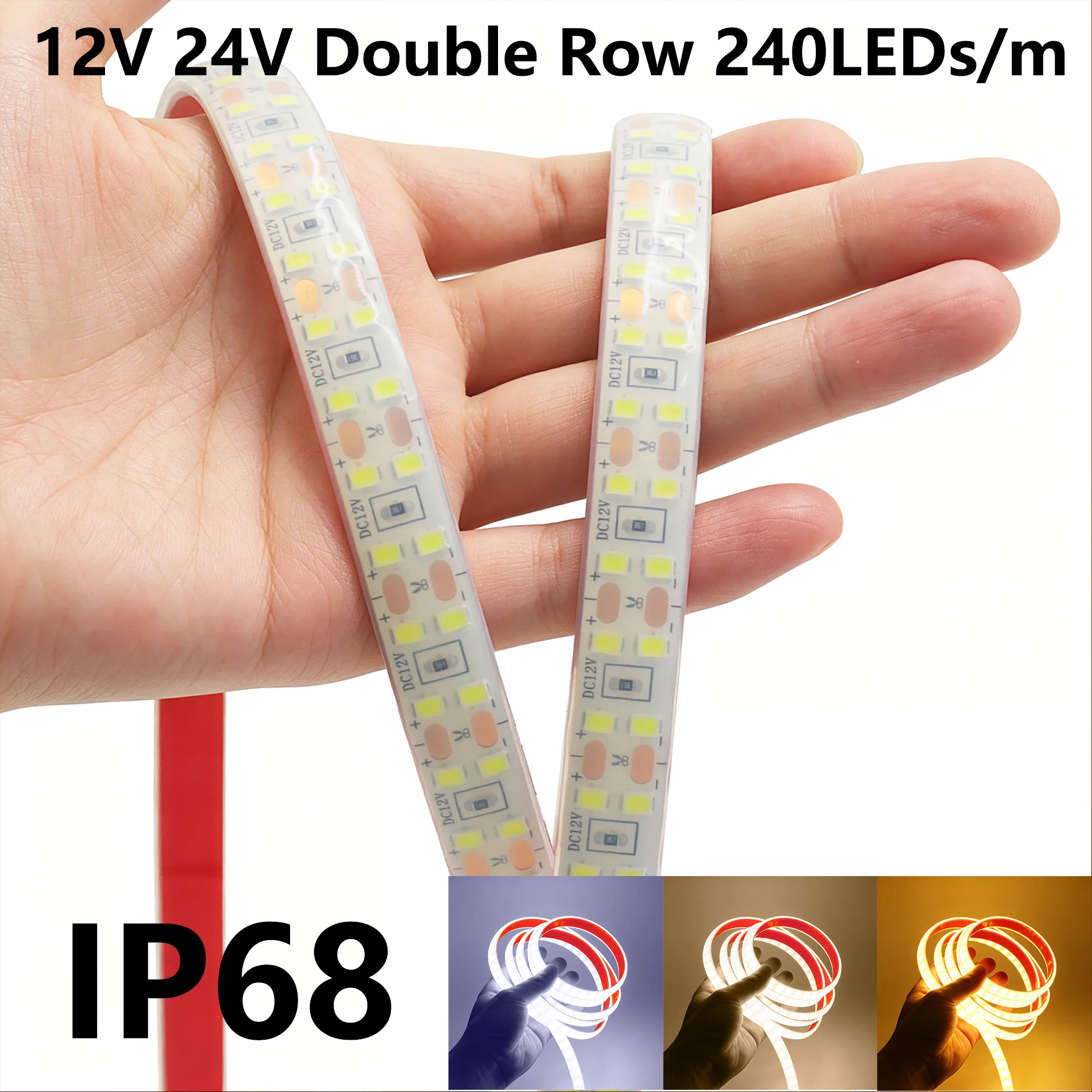 IP68 Waterproof LED Strip 12V 24V 2835 Double Row 240LEDs/m Flexible Adhesive Tape 3000K 4000K 6000K Home Garden Decor 0.5M-20M