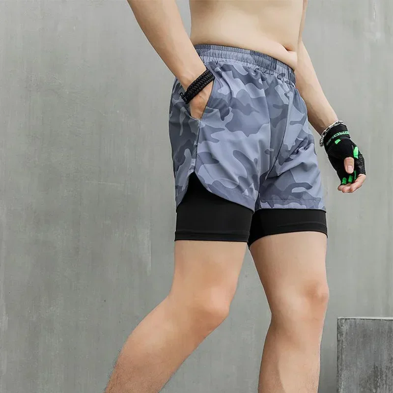 

Men Gym Jogging Sports Shorts Fitness Workout Training Gym 2 in 1 Compression Jogging Short Pants Quick Dry Double-deck Bottoms