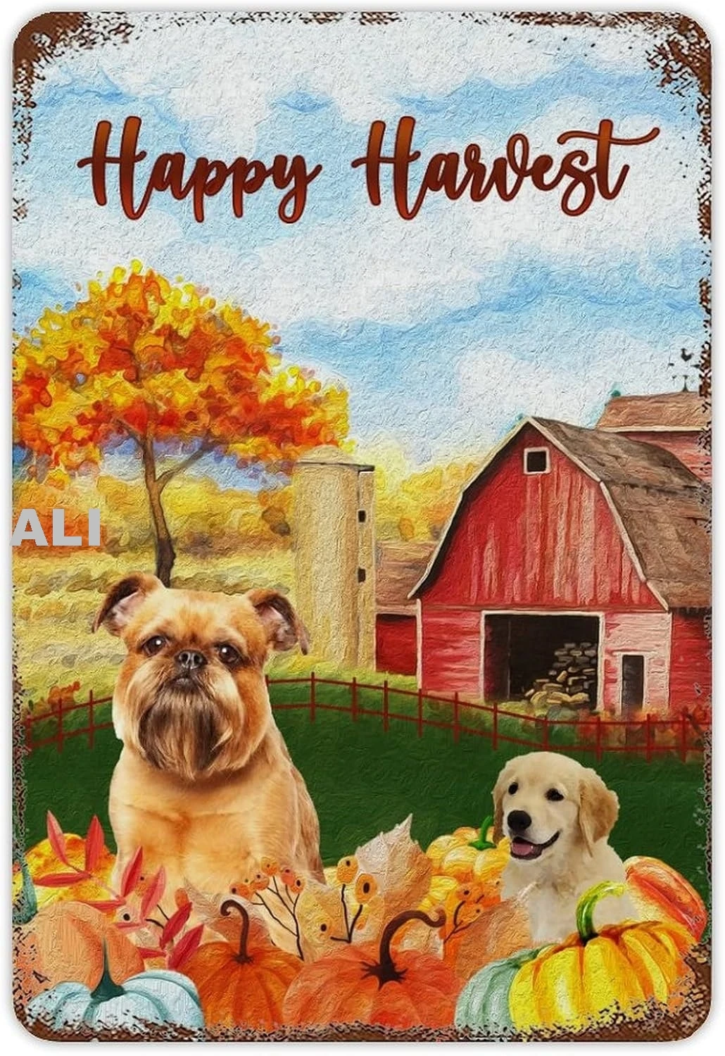 Fall Harvest Sign Fun Pet Dog Schnauzer Tin Sign Pumpkin Maple Tree Farm Barn Metal Sign Happy Fall Metal Sign Rust Thanksg sign