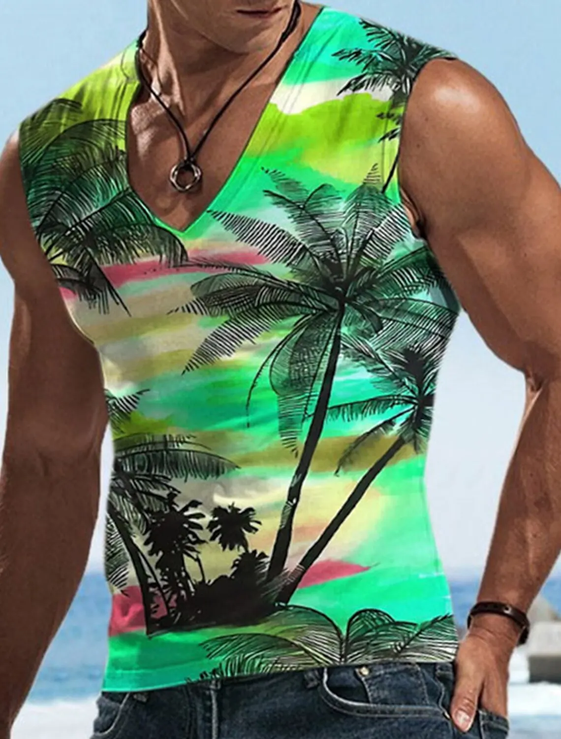 Men's Coconut Tree Print Sleeveless Hawaiian Tank Top Casual Beach Tank Top O Neck Shirt Mens Fitness Clothing Bodybuilding 2023