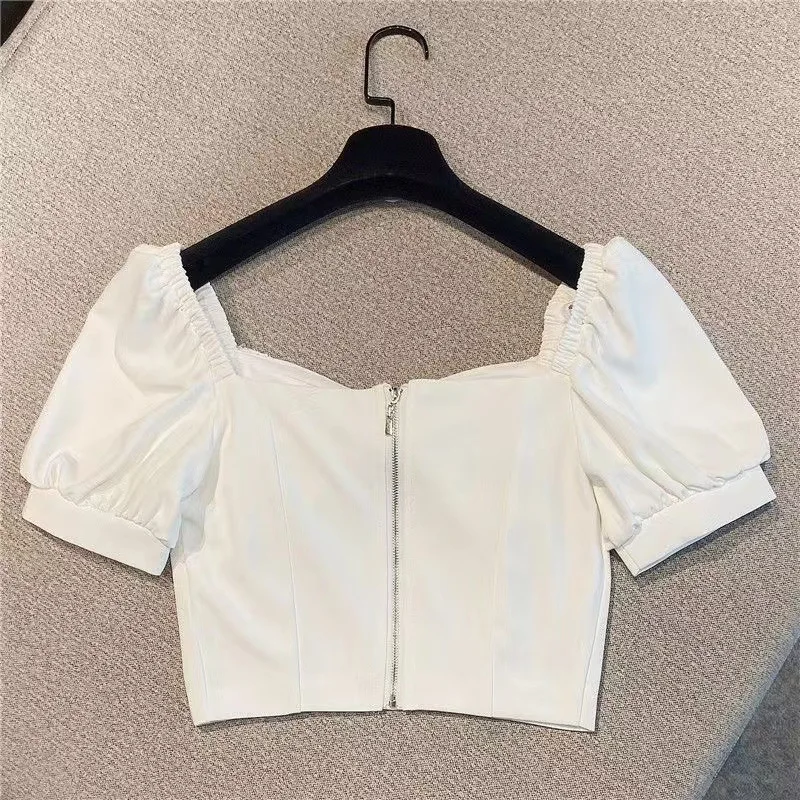 summer Korean bubble sleeve teenage Girls shirt square neck bow with diamond fashion short top trend t-shirt kids girls clothes