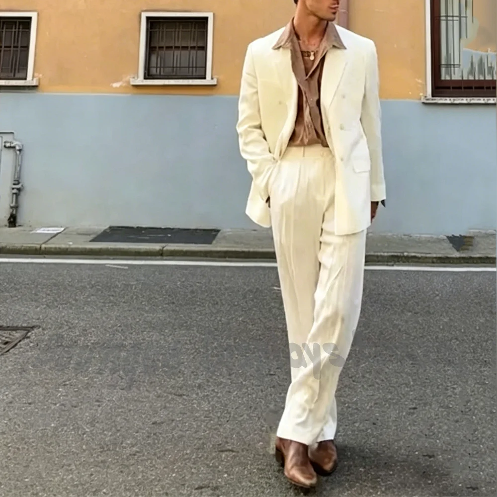 

New Arrival Cream White Men Suit Set Double Breasted Retro Casual Streetwear Formal Wedding Groom Prom Outfit Jacket Pants