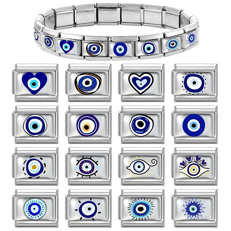 New Oil Dripping Blue Eye Italian Charm Links Fit 9mm Stainless Steel Women Men Bracelet DIY Making Jewelry Gifts