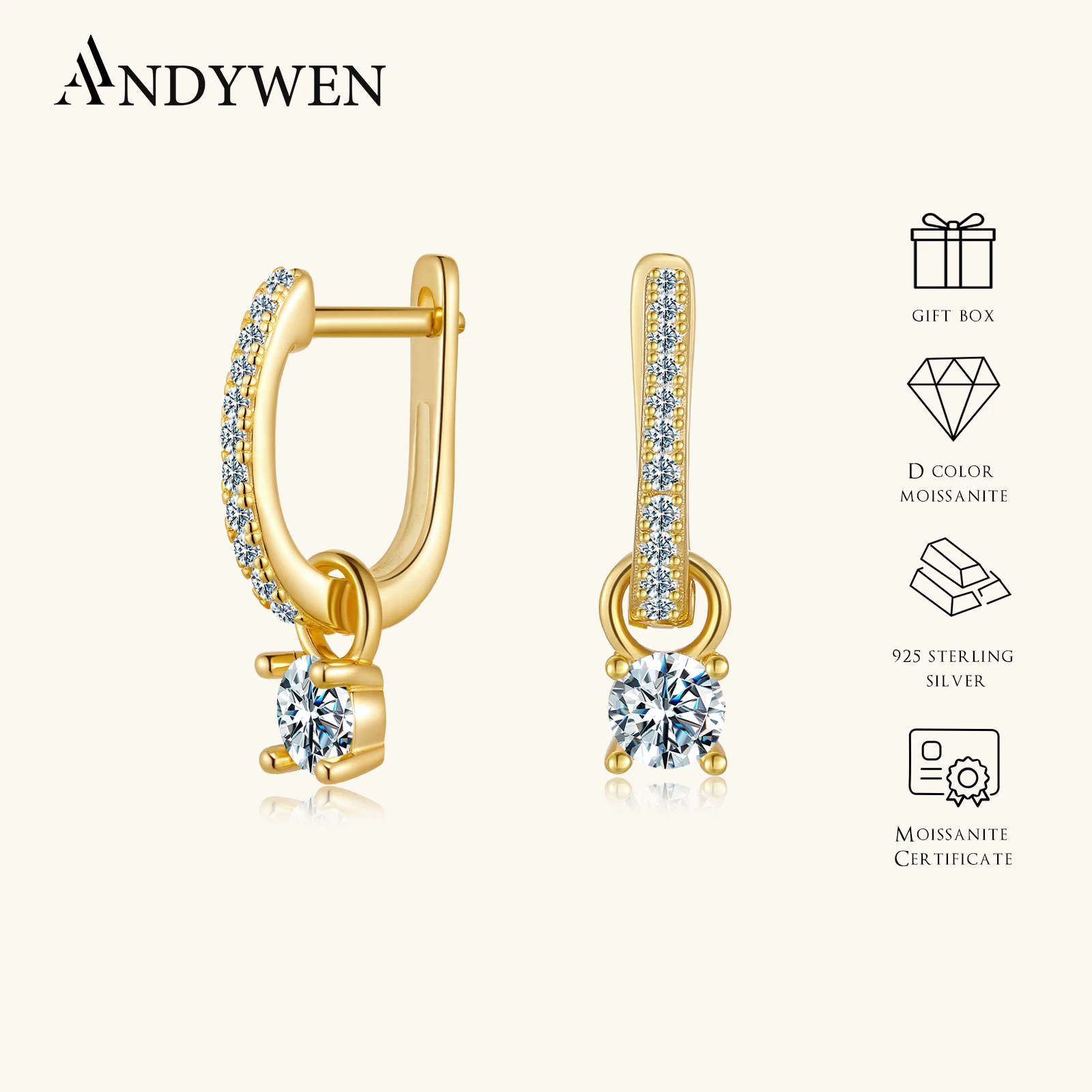 

ANDYWEN 925 Sterling Silver Gold D Color Moissanite VVS1 Clarity Drop Earring Women Luxury Gift Fashion Daily Party Jewelry