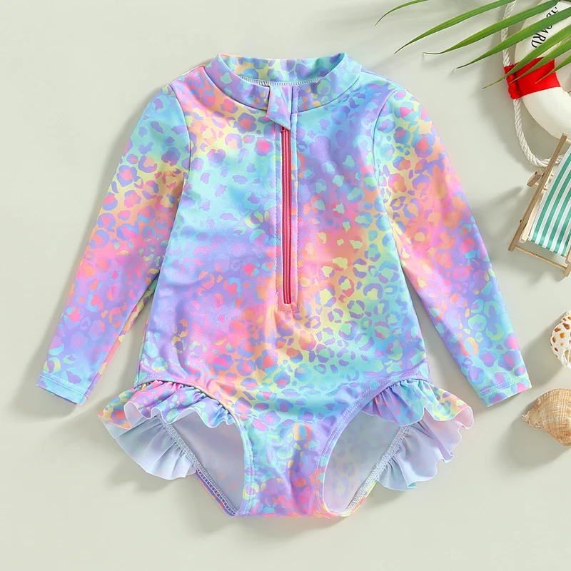 Tregren 1-6Years Toddler Girls Swimsuits Fish Scale Print Long Sleeve Ruffle Trim Swimwear Summer Beachwear Kids Bathing Suits