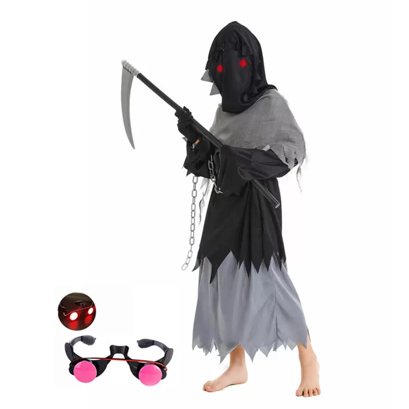 

Kids Red Eyed Reaper Costume Scythe Halloween Prop with Detachable Chain Horror Role Play Accessory Grim Reaper Theme