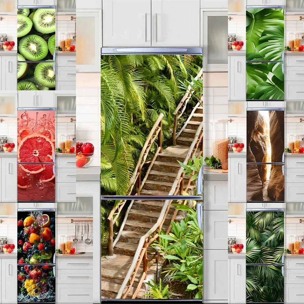 

Jungle Stairway Splash Fruit Refrigerator Door Sticker Waterproof PVC Fridge Wrap Mural Cover Kitchen Decor Decal