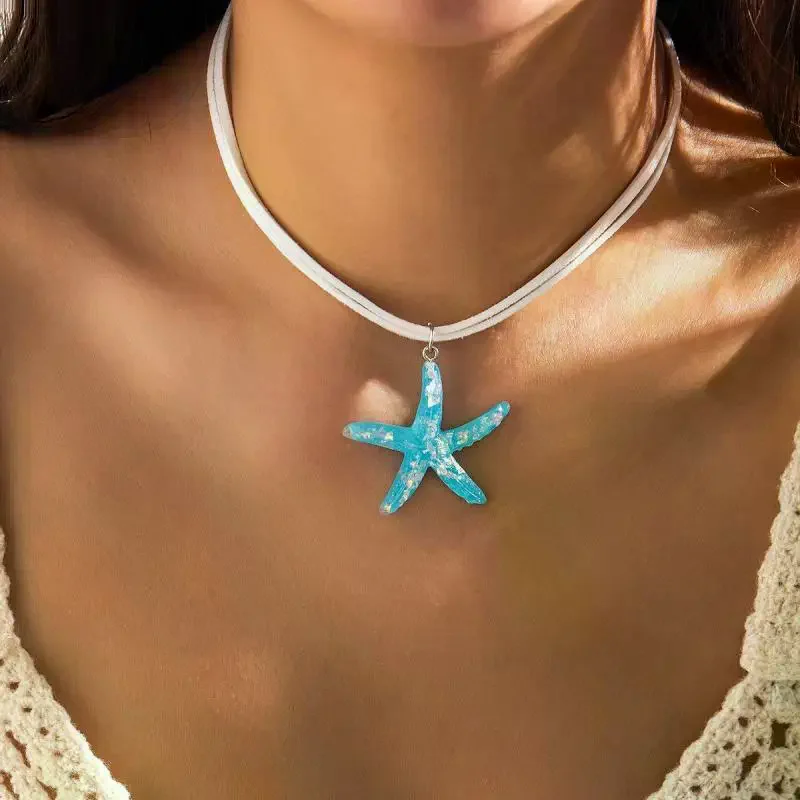 Boho Large Resin Starfish Pendant Choker Necklace For Women Trendy Multilayer Rope Chain Summer Beach Vacation Jewelry Gift