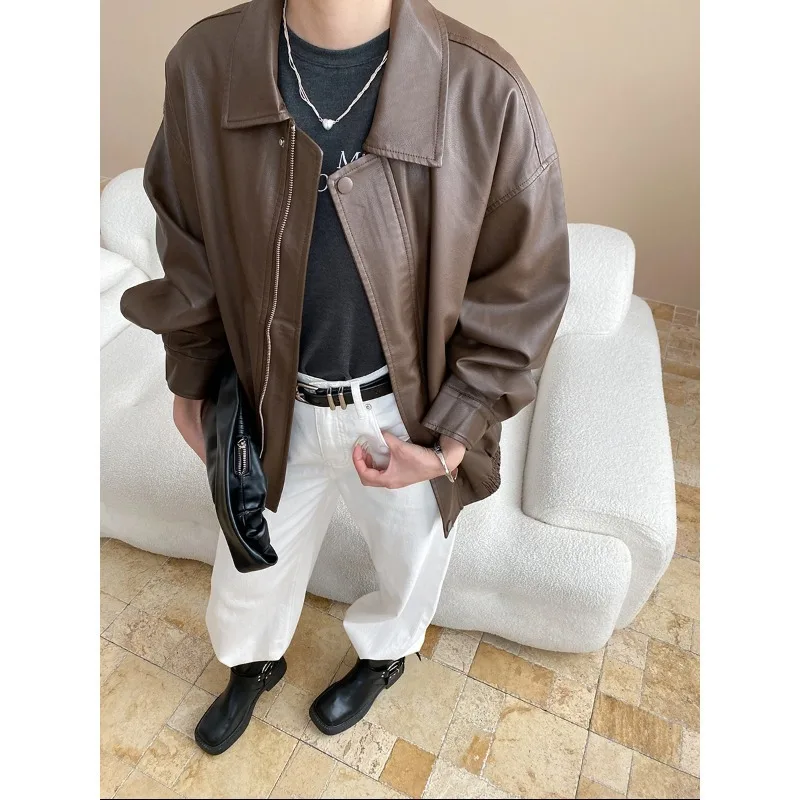 

Свободная мотоциклетная куртка из искусственной кожи с отложным воротником, кожаное пальто