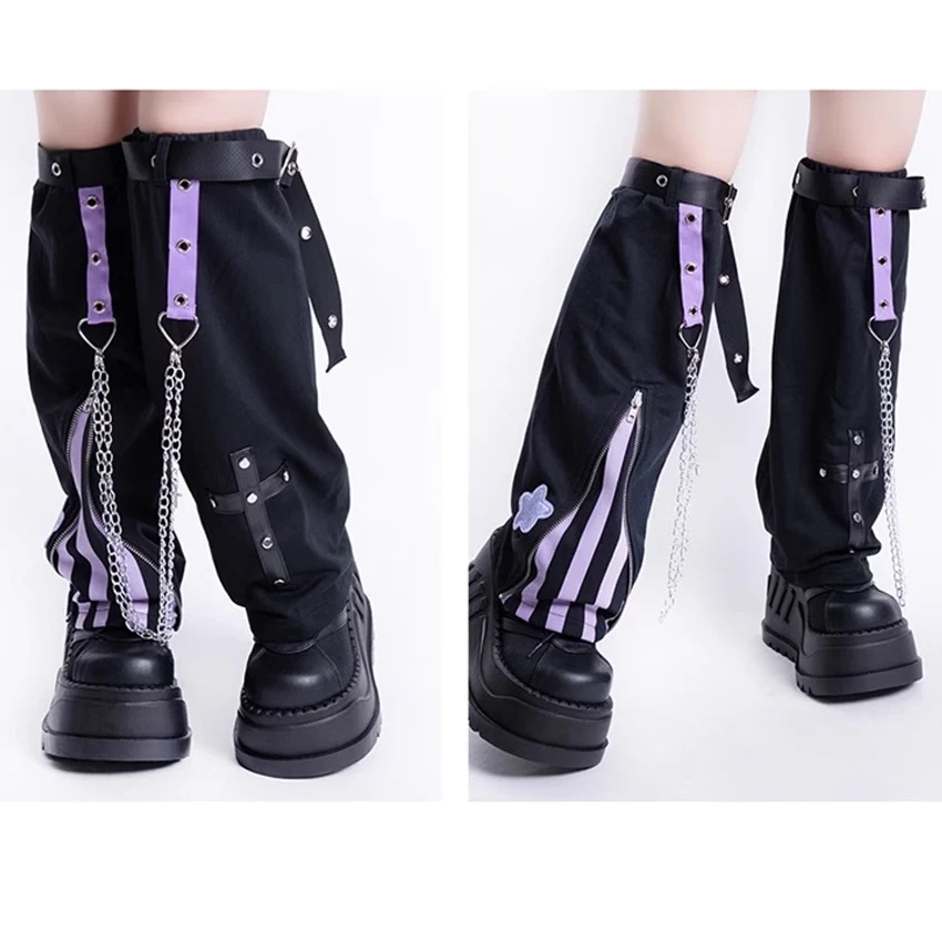 2023 Womens Y2K Japanese Cute Kawaii Iron Chain Tie Stripe Splice  Punk Style Leg Socks lolita Rock Punk girl legging Knee cover