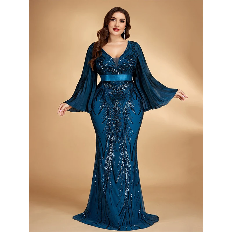 

Длинное вечернее платье большого размера 4XL для женщин, с расклешенными рукавами, V-образным вырезом, синими пайетками, для вечеринок, коктейлей и выпускных балов