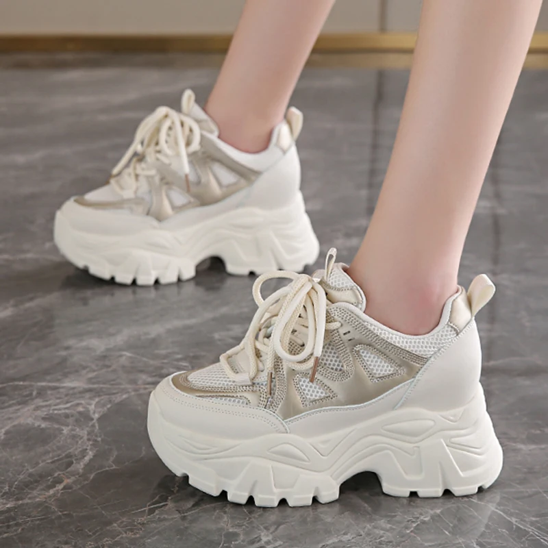 Lace-Up Chunky Bottom Vulcanized Shoes Ladies Breathable Mesh Platform Sneakers Women Non-Slip Thick Bottom Walking Shoes Woman