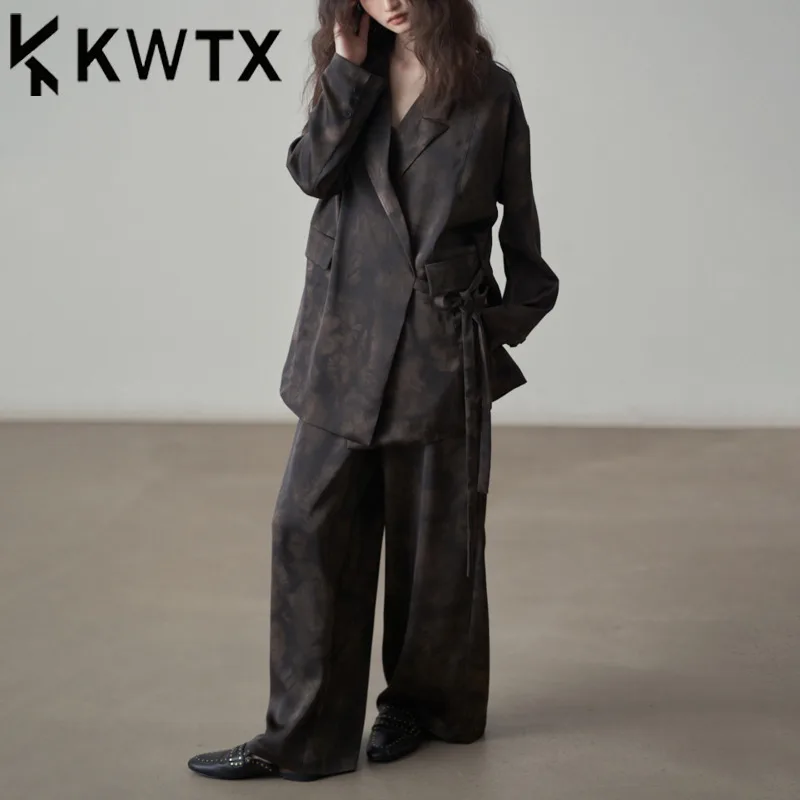 

KWTX 2025 SS Women Satin Suit Set Two Piece Wide Leg Pants Tie Waist Streetwear Casual Elegant Luxury