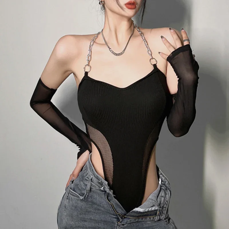 Chain Halter Basic Jumpsuit Women Bodycon Leotard Top Gauze Splicing Retro Slim Sexy Long Sleeves Hot Girl Streetwear