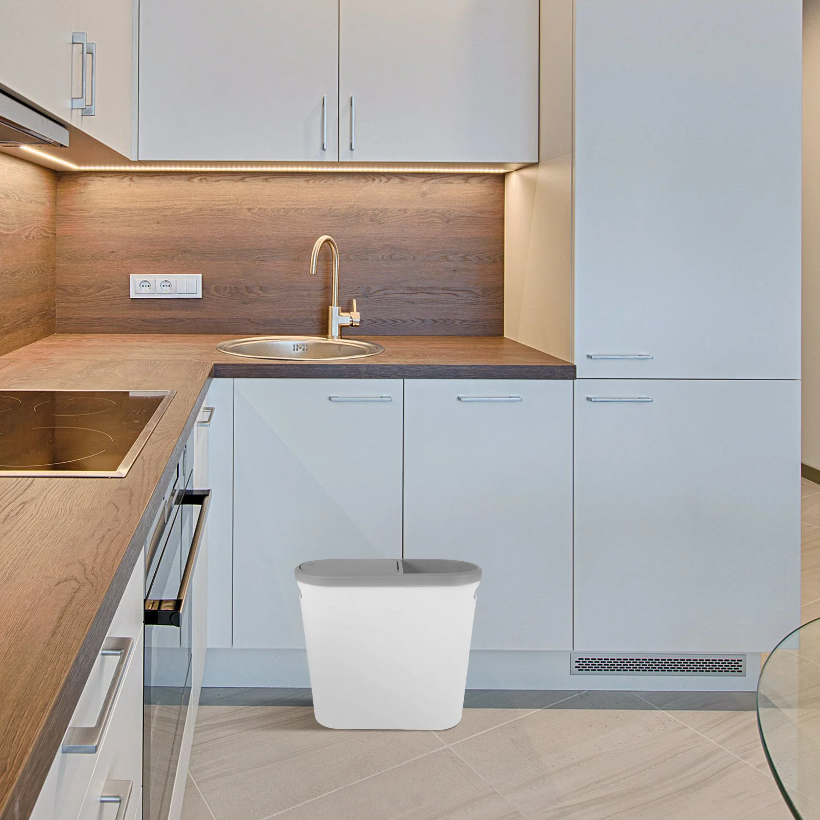 

Modern Trash Bin with Press Lid Heavy Duty Plastic Waste Basket for Indoor Home Office Use Compact Space Saving Shape