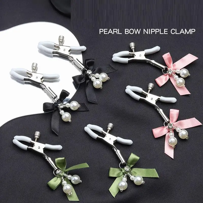 Pink Adjustable Metal Nipple Clamps with Soft Non-Slip Pads Bow Pearl Rhinestone Decor for Couples Intimate Bedroom Play - view 2