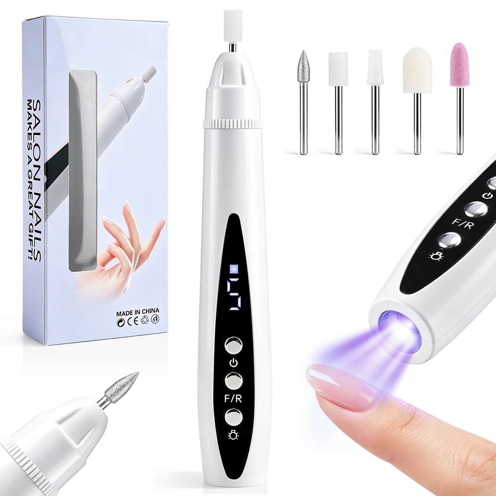 Electric Nail File with UV LED Lamp, 2 in 1 Rechargeable Manicure Kit with Drill Bits for Gel Nails at Home for Beginners
