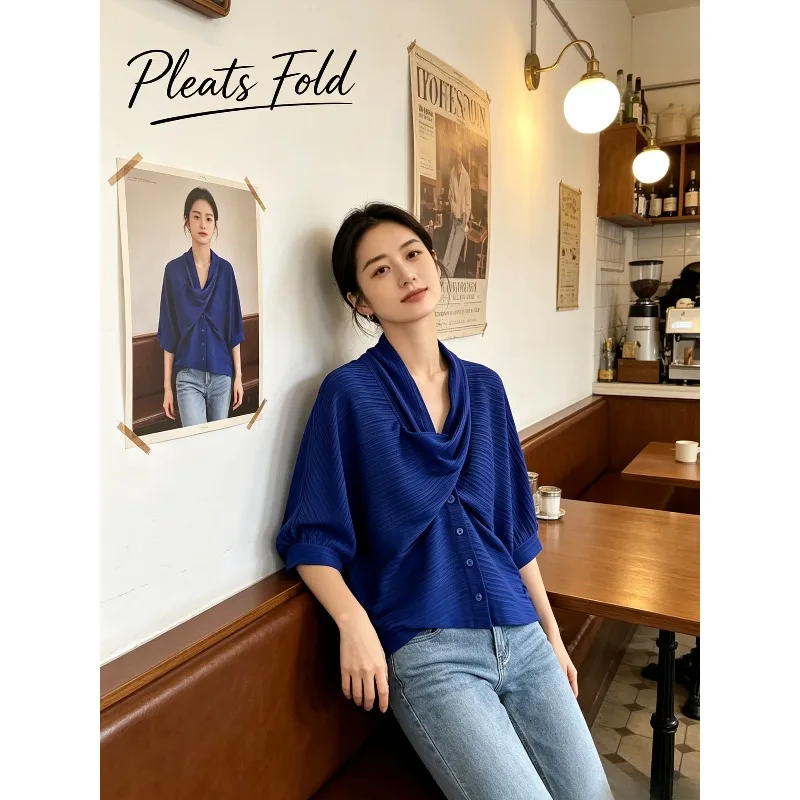 Miyake Pleated 2026 Turn-Down Collar Shirt for Women Spring and Autumn Irregular Batwing Sleeve Loose Top Versatile Cardigan