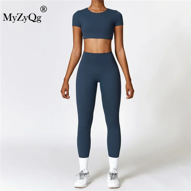 MyZyQg-Ensemble de yoga pour femmes, T-shirt serré à manches courtes, pantalon d'extérieur, sport de loisirs, course à pied Pilate, fitness, legging imbibé