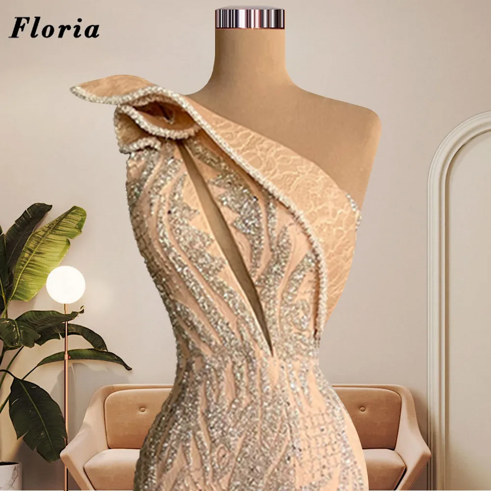 Floria Luxury Champagne Beading Evening Dresses Couture Long Celebrity Dress Dubai Formal Prom Dress Dubai Party Robes De Soiree