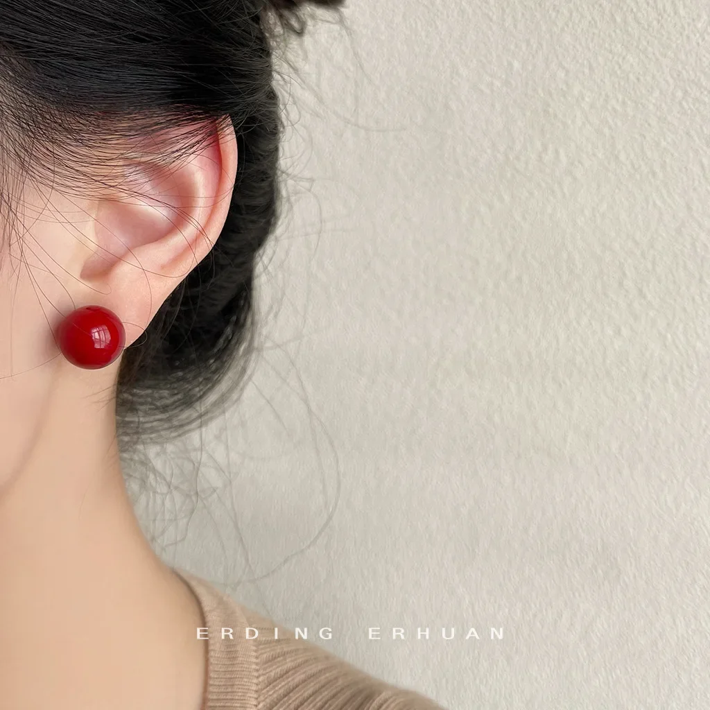 Harbor Wind Ruby Red Stud Earrings with Glass Pearl for Girls Women, Vintage Style Ear Jewelry Free Shipping