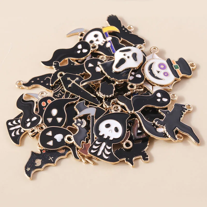 Mixed 20pcs Enamel Halloween Death Ghost Charms Pendants for Jewelry Making Cute Earrings Necklaces DIY Craft Jewelry Gifts