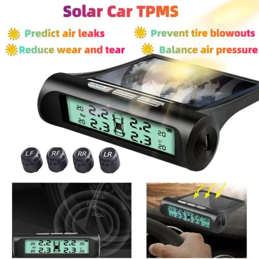 Solar Car Tire Pressure Intelligent Alarm Monitoring System Comes With Wireless Sensor TPMS Tire Pressure Temperature Warning