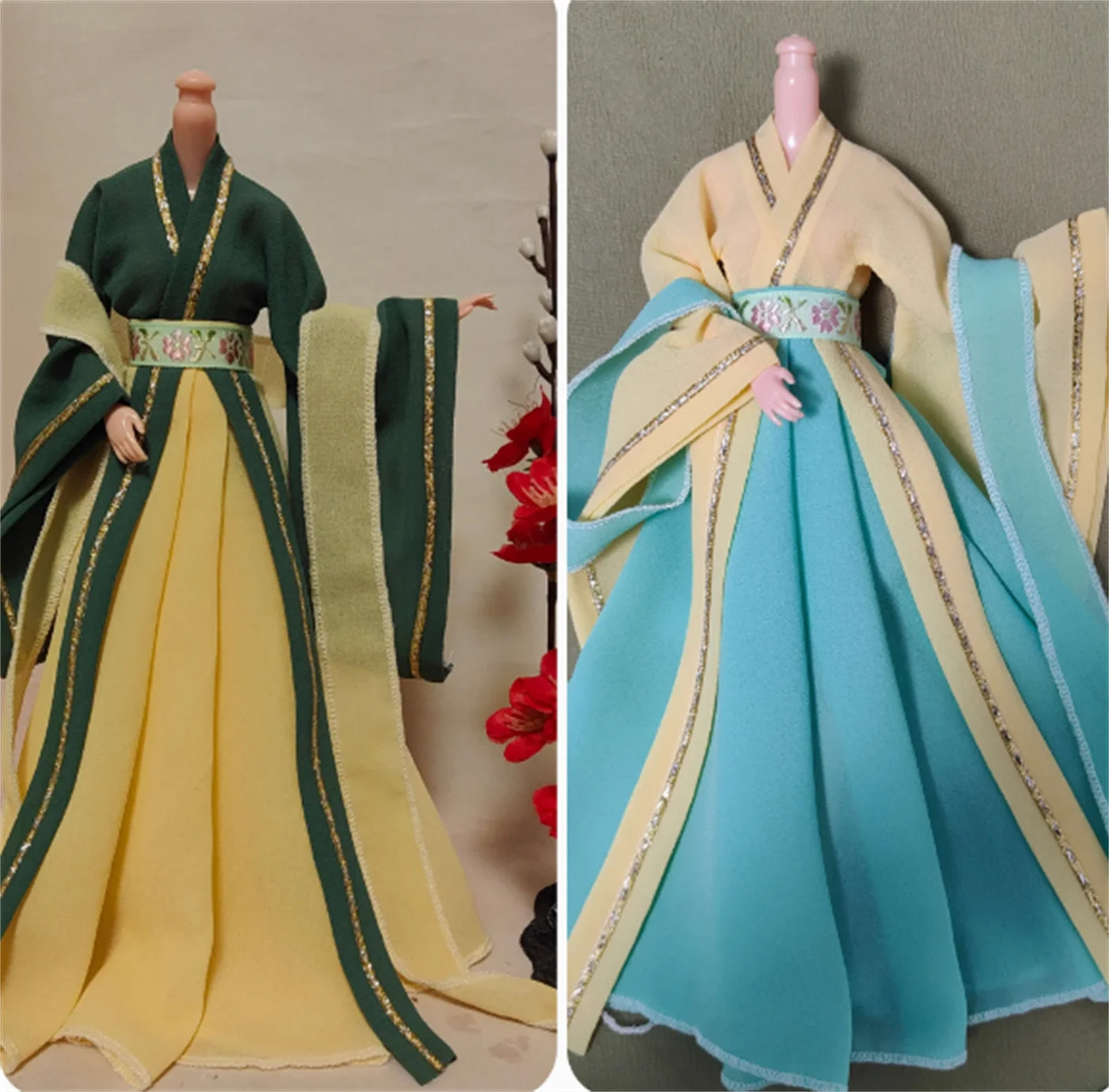Vestido largo antiguo personalizado, bata de soldado a escala 1/6, Hanfu, traje azul naranja, falda, ropa, modelo apto para soldado, figuras de acción de juguete