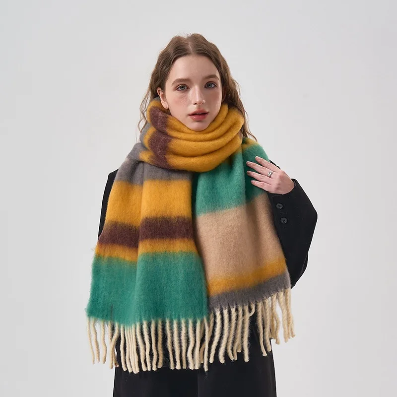 

Colorful Striped Scarf with Tassels Mohair Cashmere Winter Thickened Ball Scarf Neckband Warm Rainbow Scarf Couples Accessories