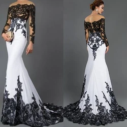 Black And White Mermaid Wedding Dresses Long Sleeves Sheer Neck Sexy Gothic Bridal Gowns Custom Made 2023 Vestido De Novia