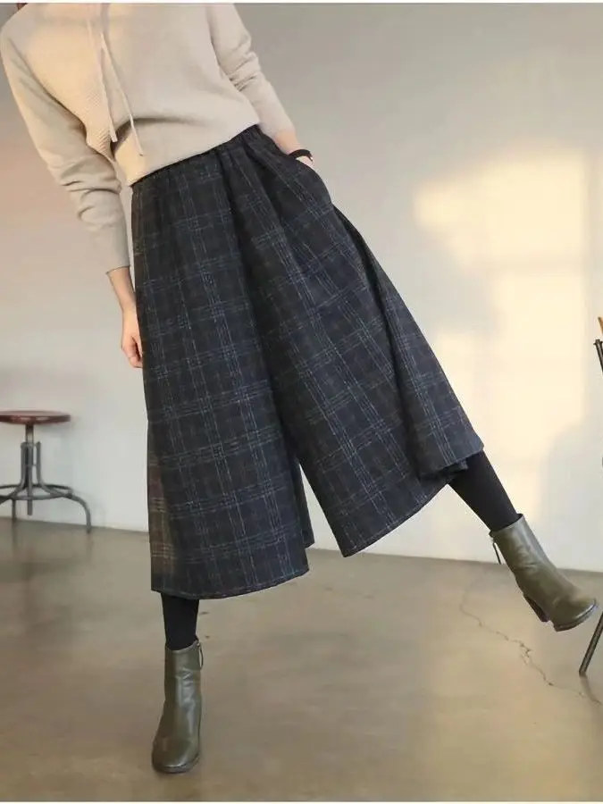 

Свободные широкие брюки, женские повседневные брюки больших размеров в клетку, свободные удобные синие повседневные брюки