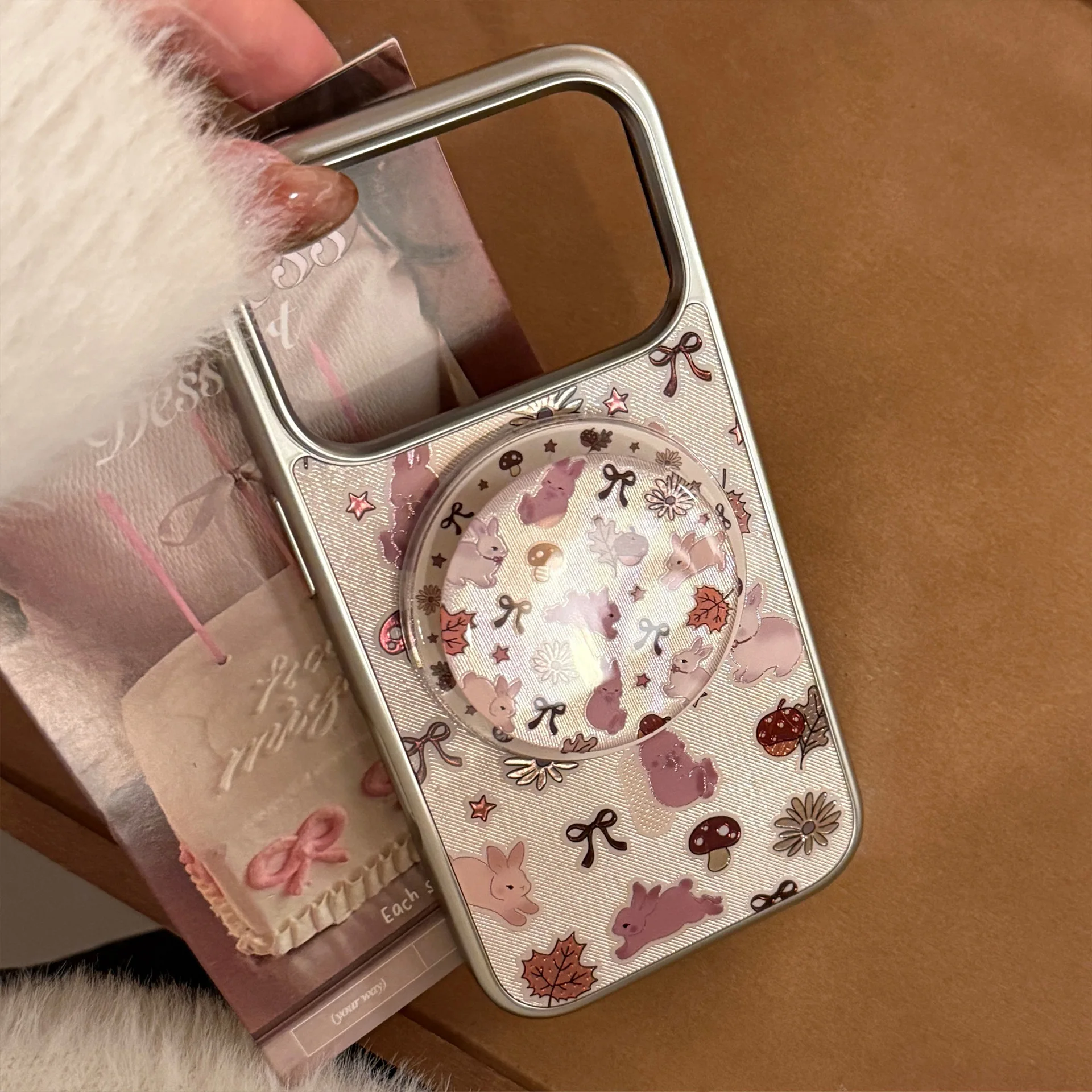 

Gilding Rabbit Mushroom Bowknot Silver Border Holder Magnetic Phone Cover Case for iPhone 17 16 15 14 13 12 Pro Max Plus Air