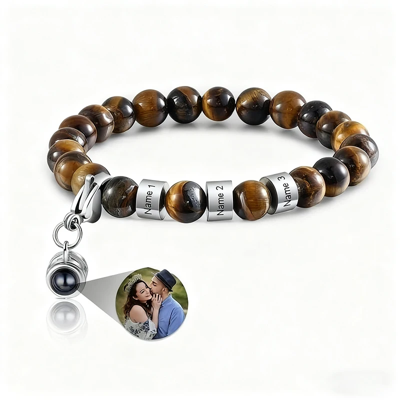 Custom Photo Name Bracelet with Picture Stainless Steel Beaded Engraved 1~5 Names Bracelet Tiger Eye Stone Bracelet for Men Gift