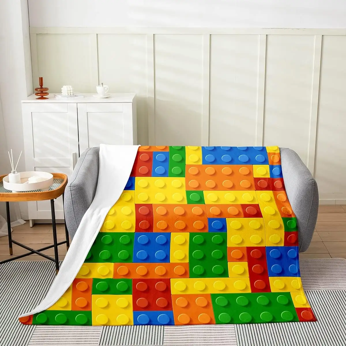 

Building Blocks Thermal Flannel Fleece Throw Blanket Geometric Design AllSeason Cozy Plush for Bed or Couch Modern Home Decor x