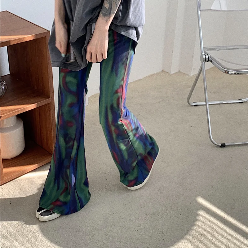 

Elastic High Waist Long Flare Pant Bell Bottom Korean Summer Tie Dye Dark Contrast Print Sexy Slim Harajuku Streetwear Trousers