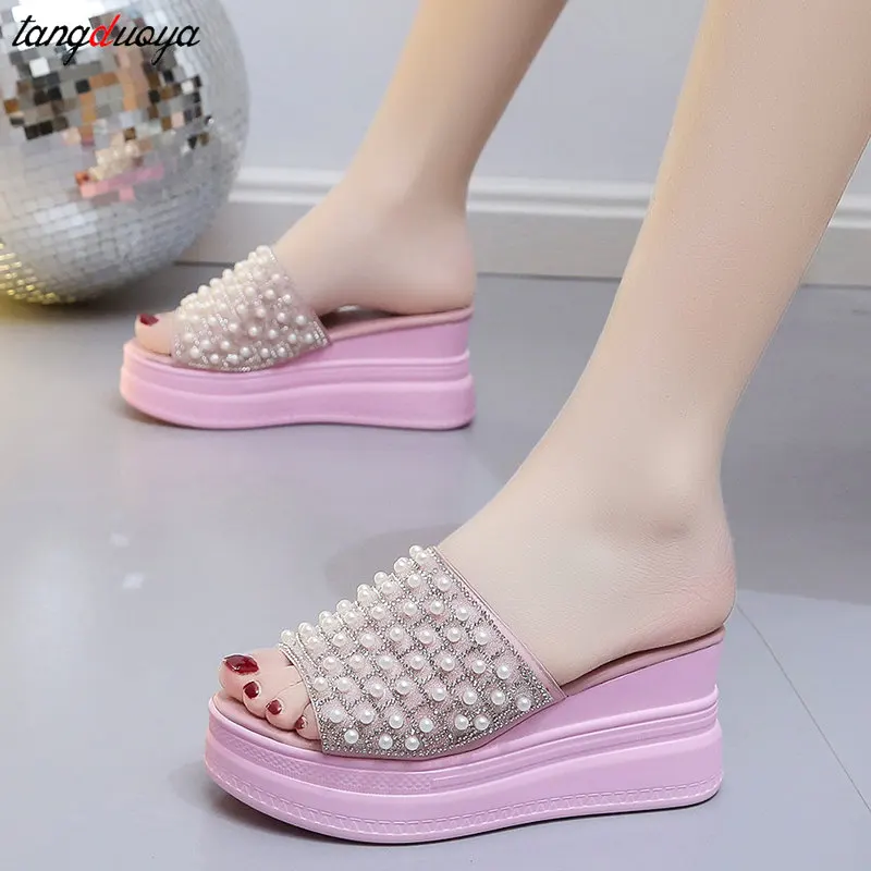 pearl white pink slippers Flip Flops Women shoes Slippers Platform Summer Shoes Open Toe Wedges Sandals Ladies Shoes women heels