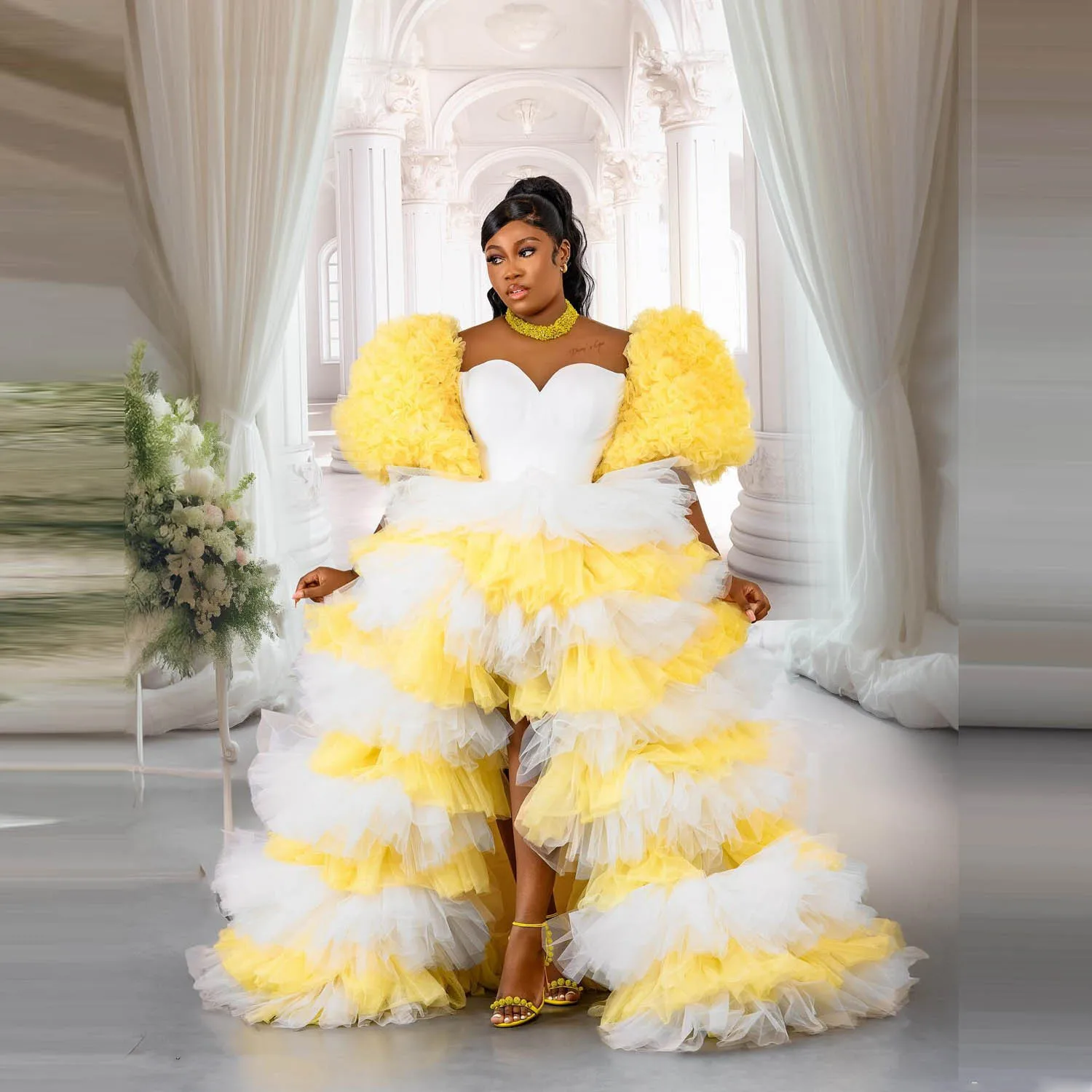 White & Yellow Mother and Daughter Dress  High Slit  Ball Gown Tiered Tulle Family Look Mommy and Me Birthday For Photo Shoots